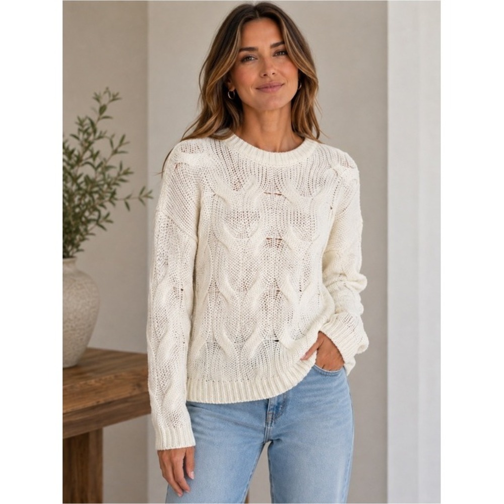FASHION NOVA. NWT. Henderson Cable Knit Pullover Acrylic Sweater. Cream. SML.